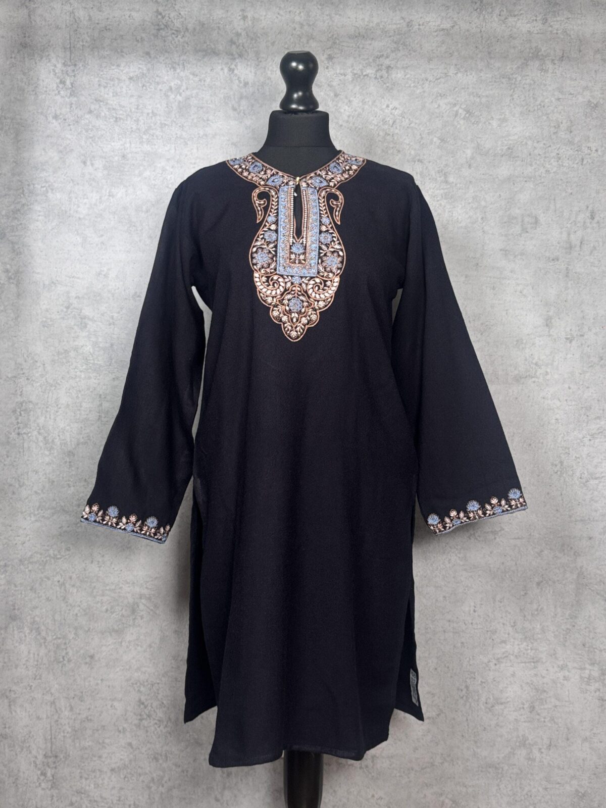 Samaa Handcrafted Acro Wool Kurti with Kashmiri Needlework (Ebony Black)
