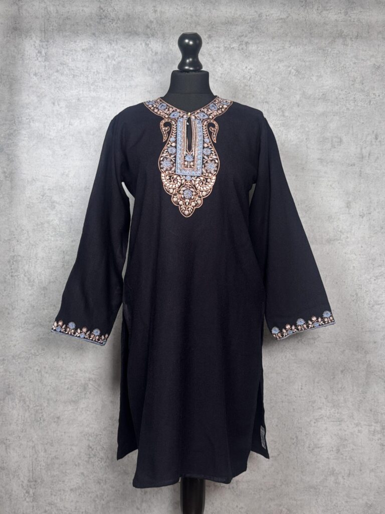 Samaa Handcrafted Acro Wool Kurti with Kashmiri Needlework (Ebony Black)