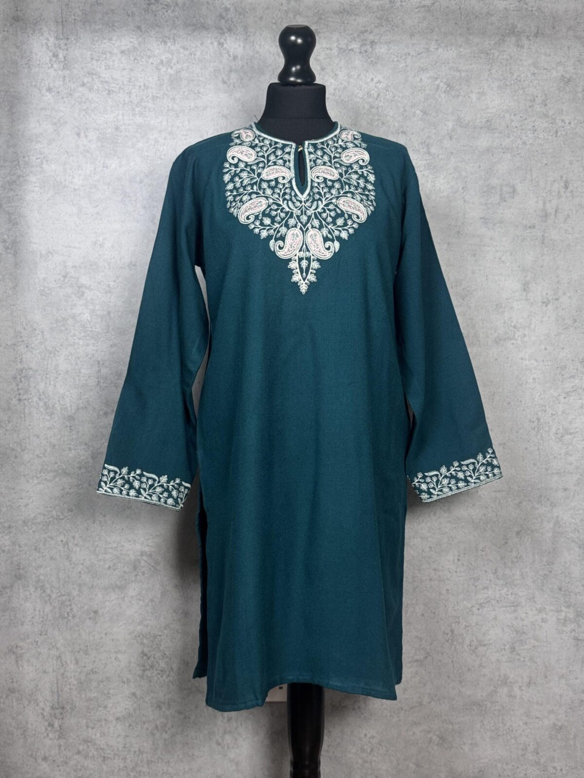 Aarzoo Handcrafted Acro Wool Kurti with Kashmiri Needlework (Emerald Green)