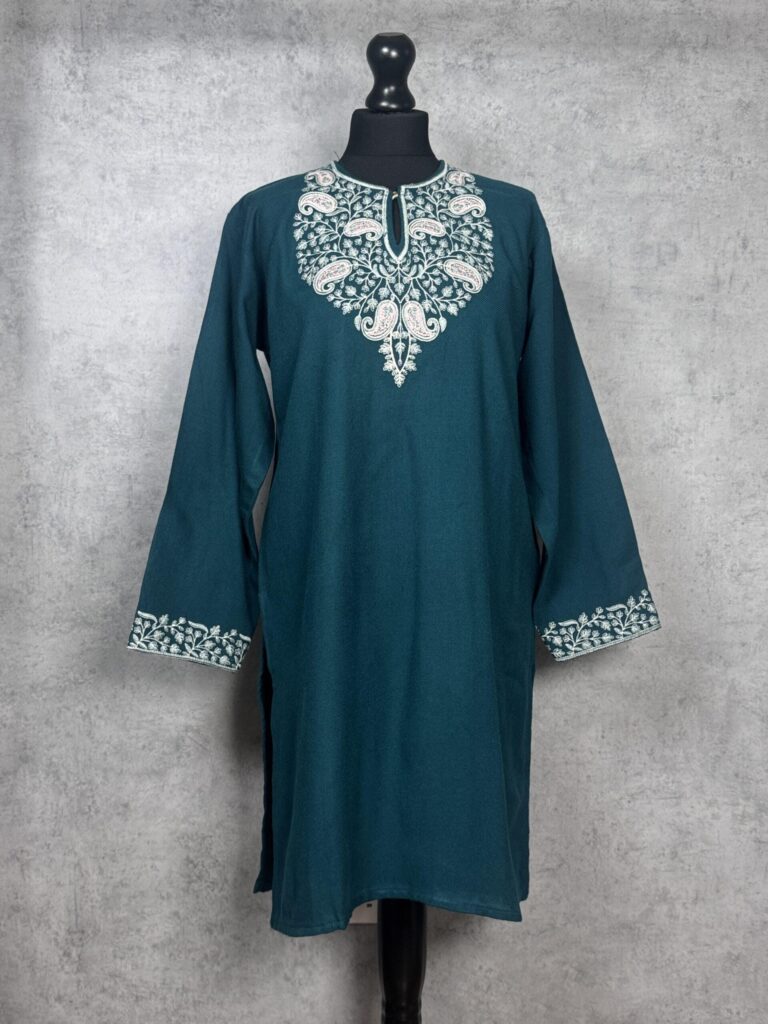 Aarzoo Handcrafted Acro Wool Kurti with Kashmiri Needlework (Emerald Green)