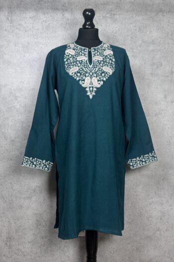 Aarzoo Handcrafted Acro Wool Kurti with Kashmiri Needlework (Emerald Green)