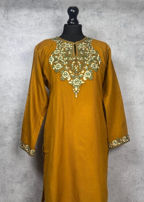 Zareen Handcrafted Acro Wool Kurti with Kashmiri Floral Needlework (Mustard Gold)
