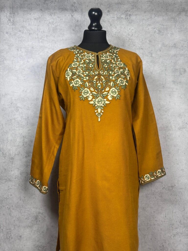 Zareen Handcrafted Acro Wool Kurti with Kashmiri Floral Needlework (Mustard Gold)
