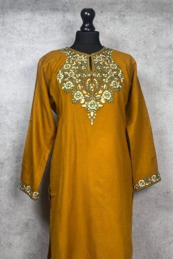 Zareen Handcrafted Acro Wool Kurti with Kashmiri Floral Needlework (Mustard Gold)