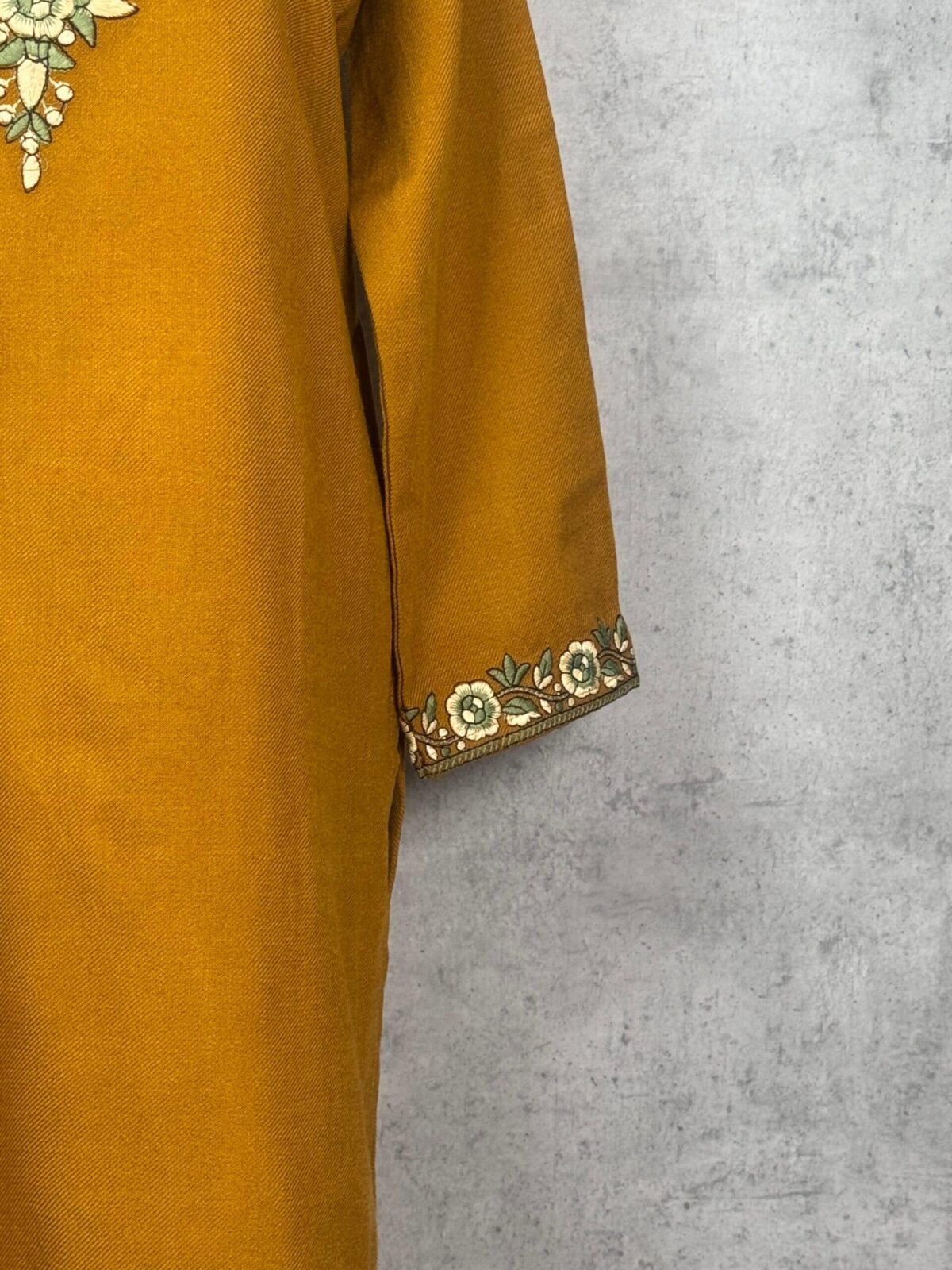 Zareen Handcrafted Acro Wool Kurti with Kashmiri Floral Needlework (Mustard Gold)