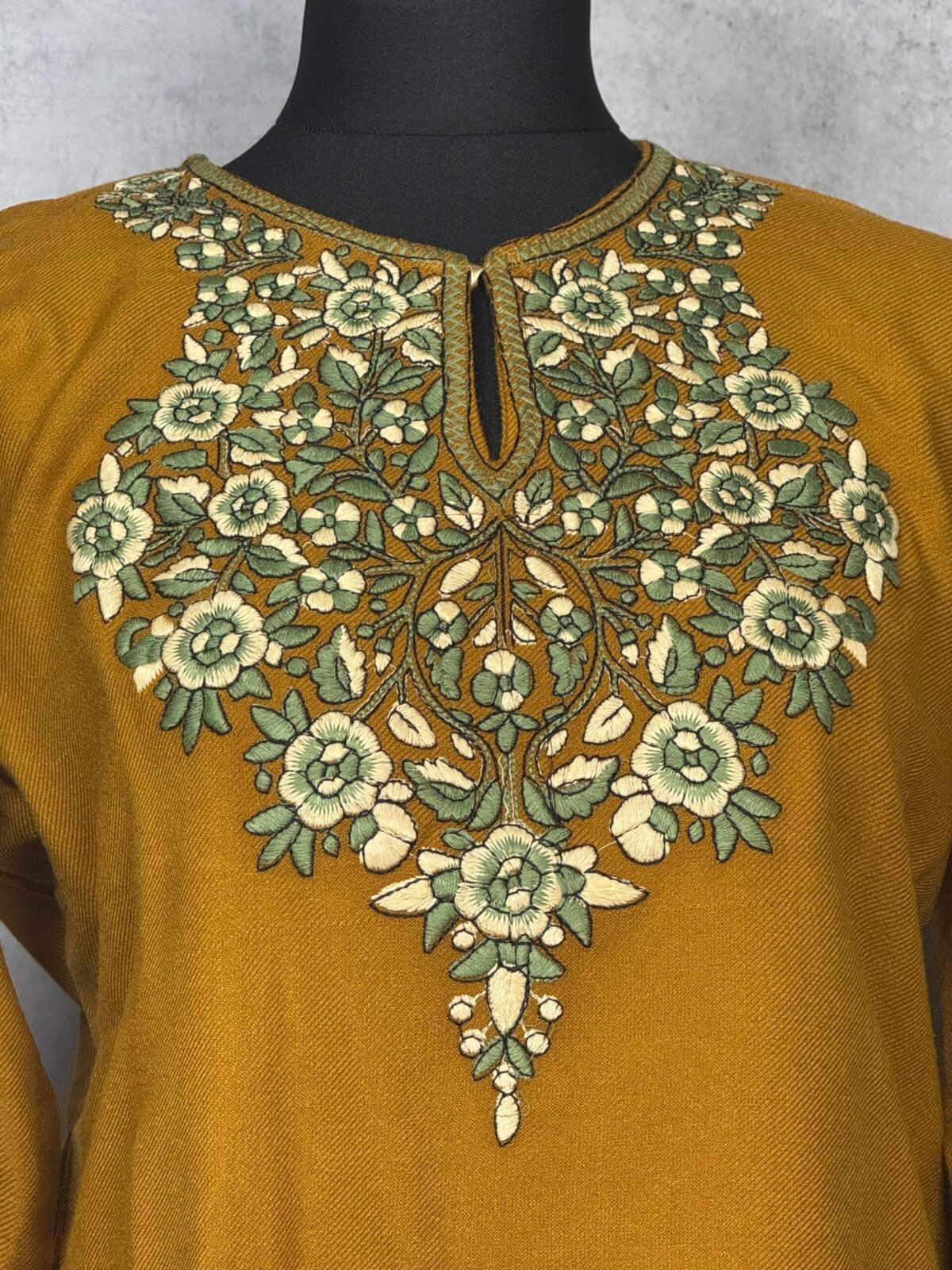 Zareen Handcrafted Acro Wool Kurti with Kashmiri Floral Needlework (Mustard Gold)
