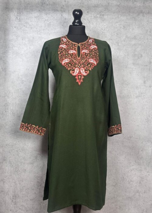 Guldaan Handcrafted Acro Wool Kurti with Kashmiri Needlework (Forest Green)