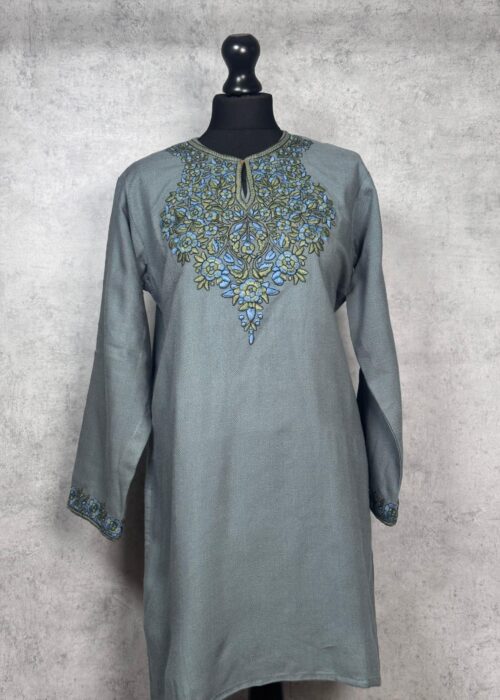 Nilofer Handcrafted Acro Wool Kurti with Kashmiri Floral Needlework (Slate Grey)