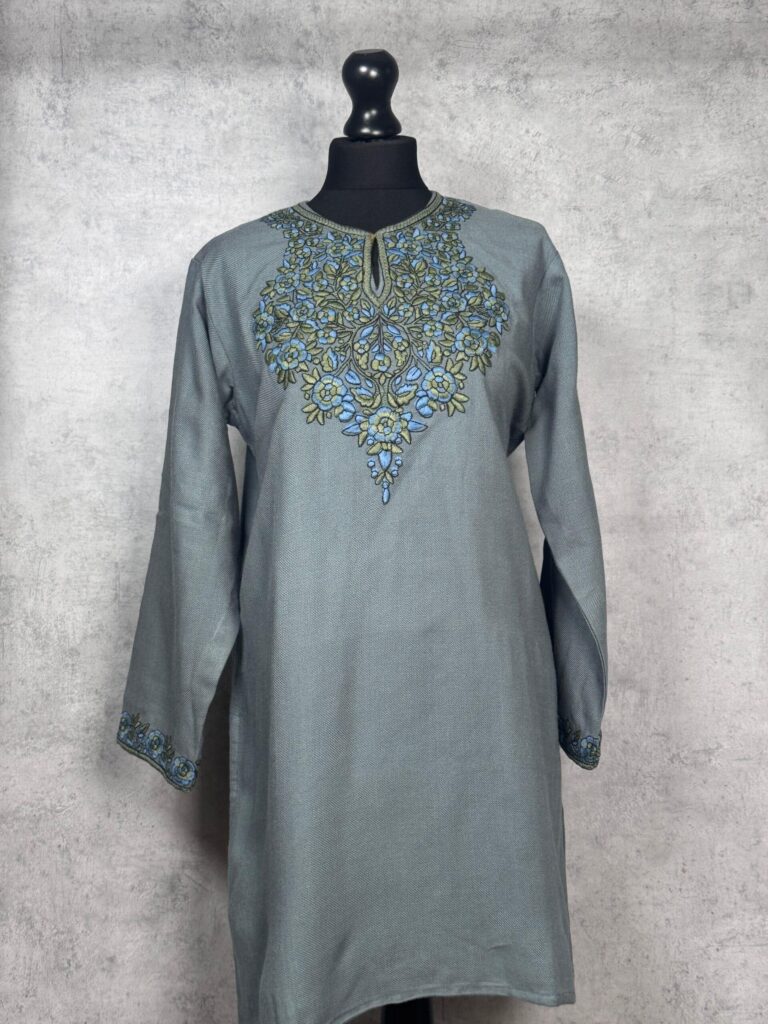 Nilofer Handcrafted Acro Wool Kurti with Kashmiri Floral Needlework (Slate Grey)
