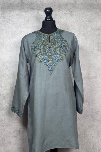 Nilofer Handcrafted Acro Wool Kurti with Kashmiri Floral Needlework (Slate Grey)