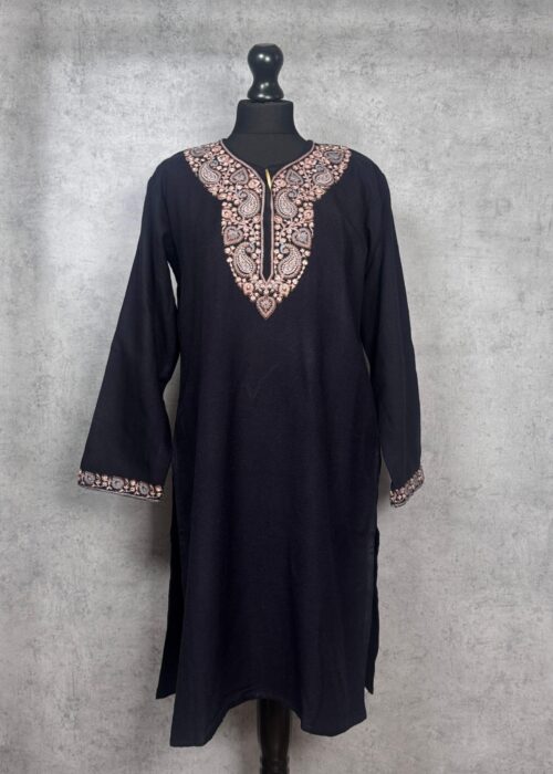 Nooré Shaam Handcrafted Acro Wool Kurti with Kashmiri Needlework (Midnight Black)