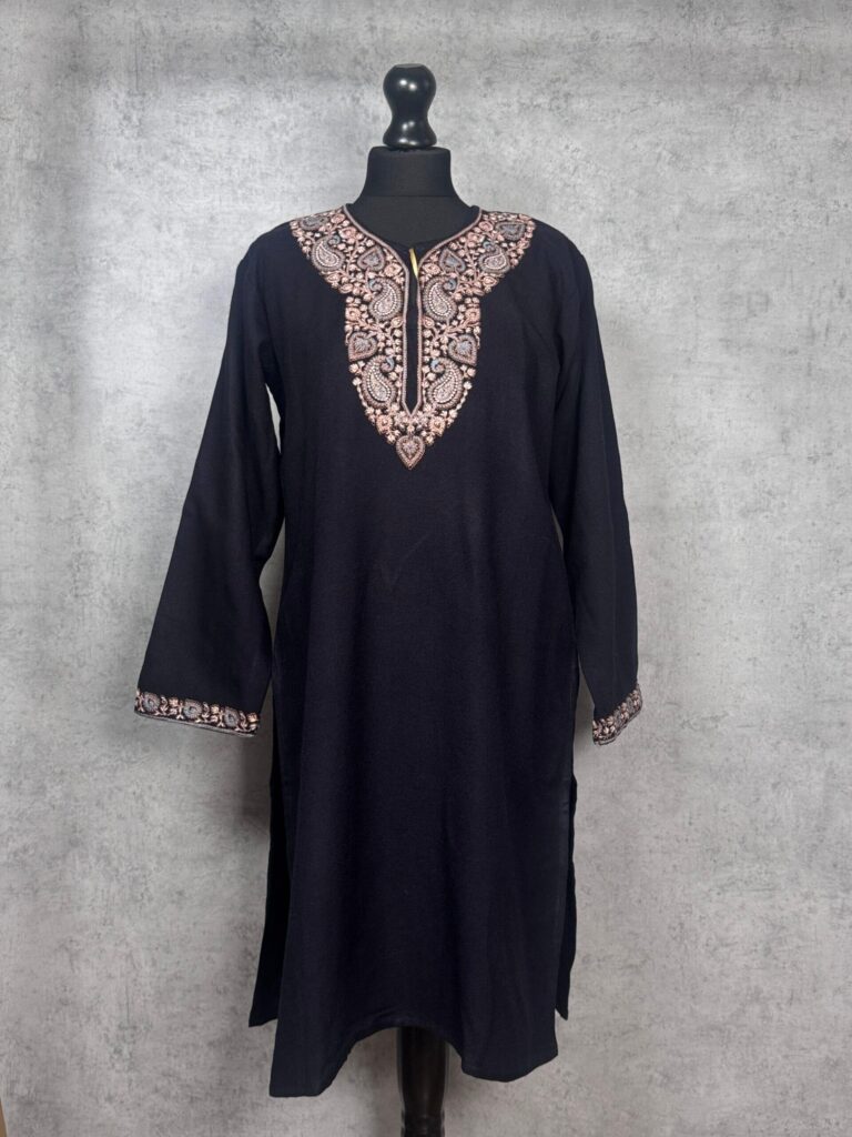 Nooré Shaam Handcrafted Acro Wool Kurti with Kashmiri Needlework (Midnight Black)