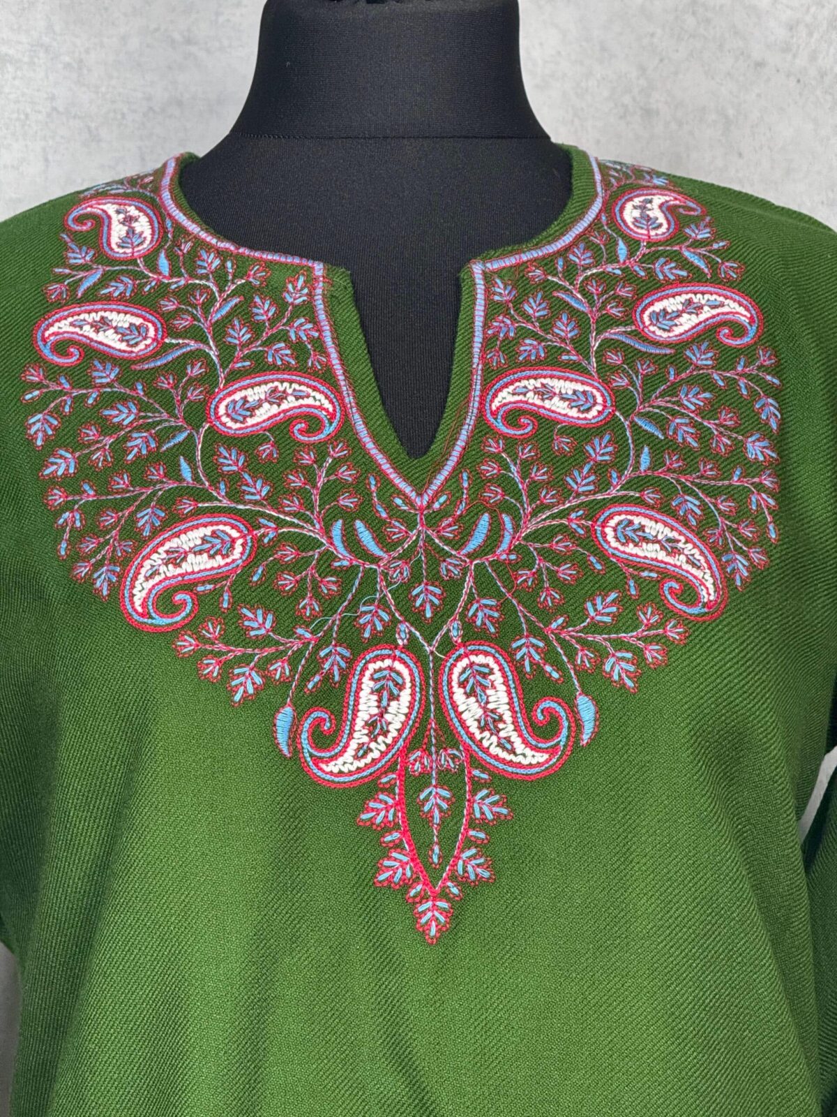 Parizad Handcrafted Acro Wool Kurti with Kashmiri Needlework (Olive Green)