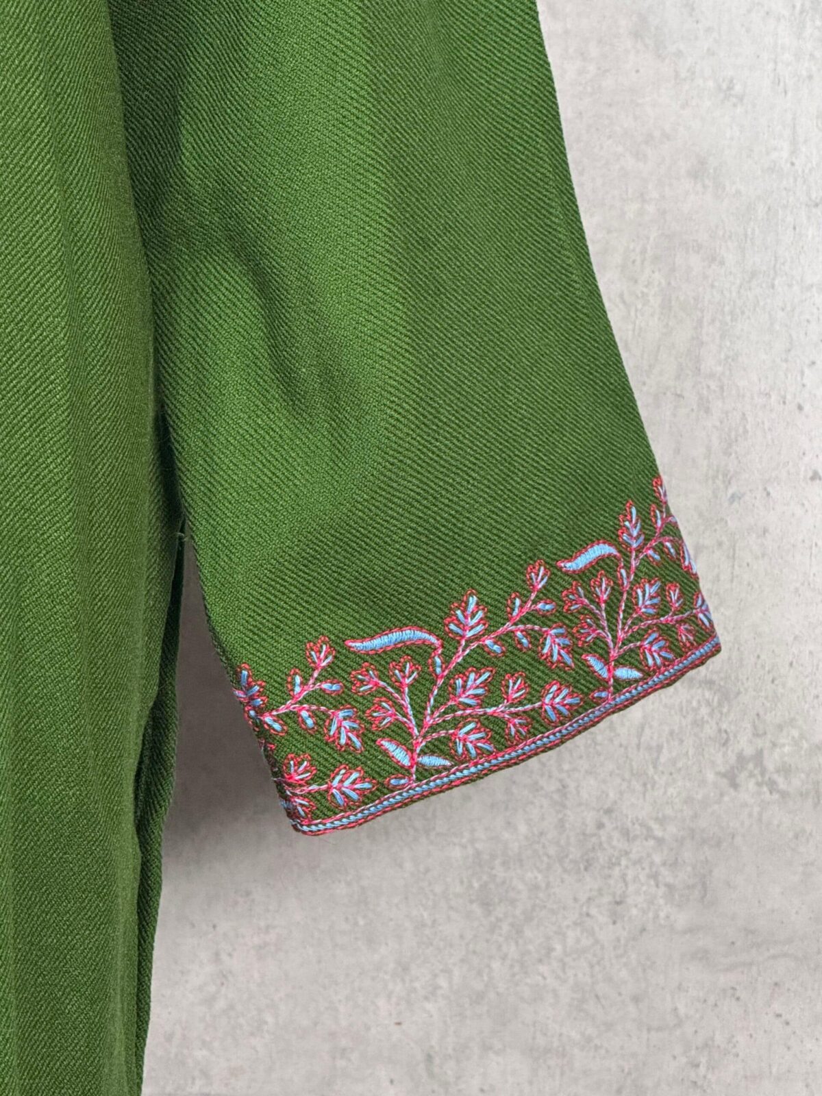 Parizad Handcrafted Acro Wool Kurti with Kashmiri Needlework (Olive Green)