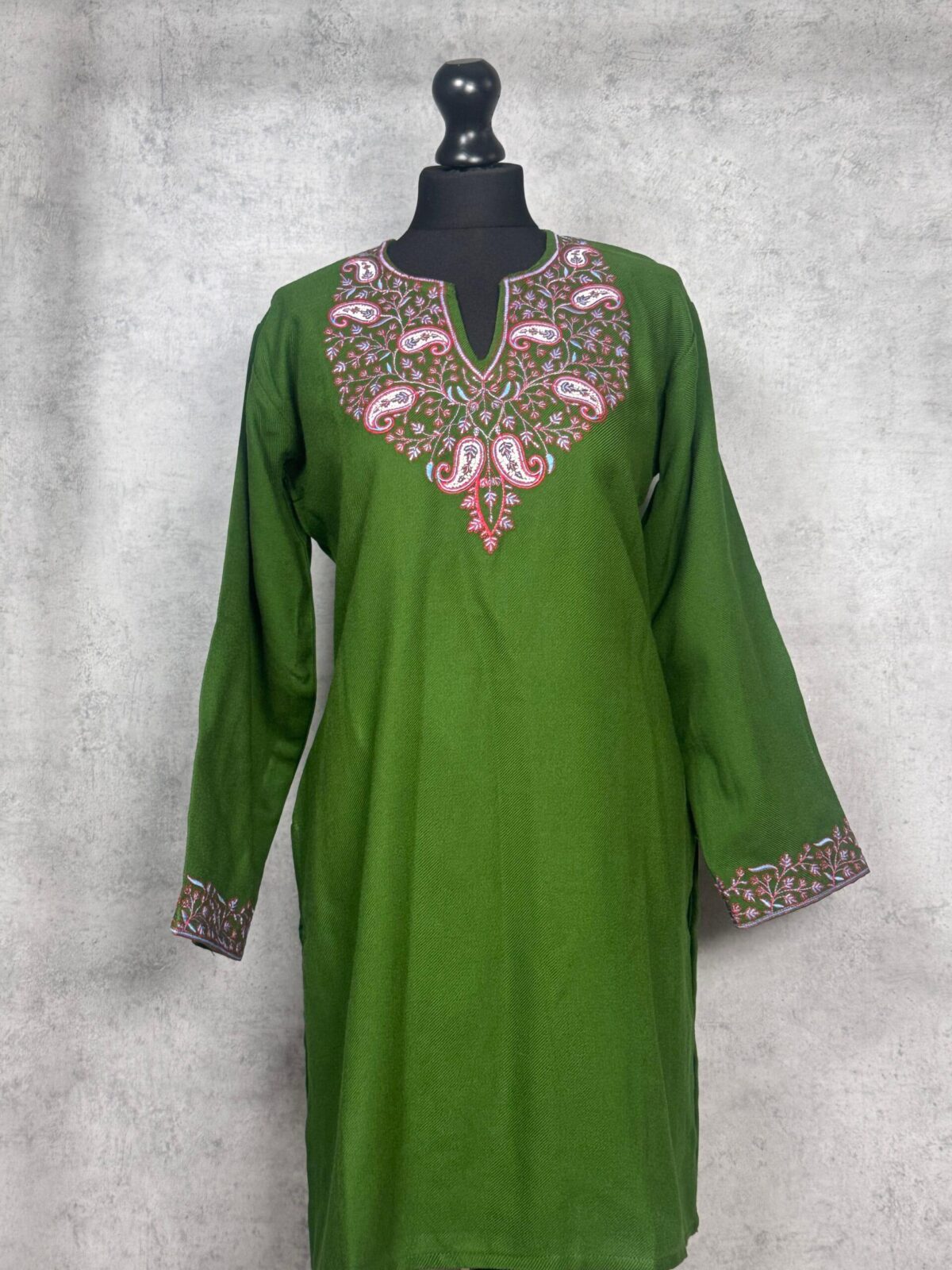 Parizad Handcrafted Acro Wool Kurti with Kashmiri Needlework (Olive Green)