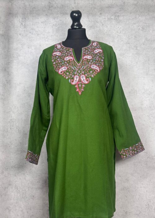 Parizad Handcrafted Acro Wool Kurti with Kashmiri Needlework (Olive Green)