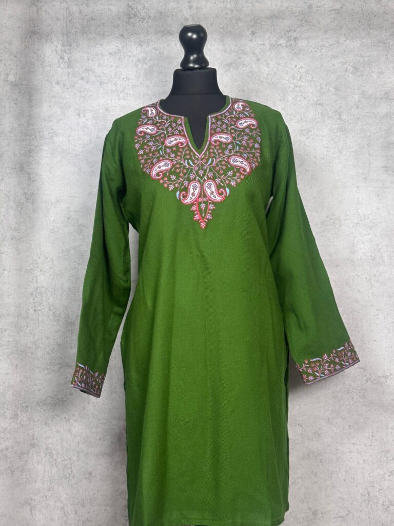 Parizad Handcrafted Acro Wool Kurti with Kashmiri Needlework (Olive Green)