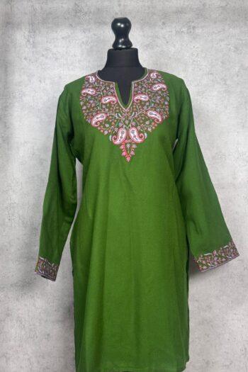 Parizad Handcrafted Acro Wool Kurti with Kashmiri Needlework (Olive Green)