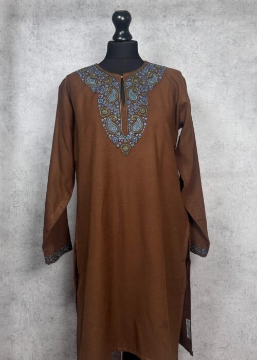 Aabroo Handcrafted Acro Wool Kurti with Kashmiri Paisley Needlework (Chestnut Brown)