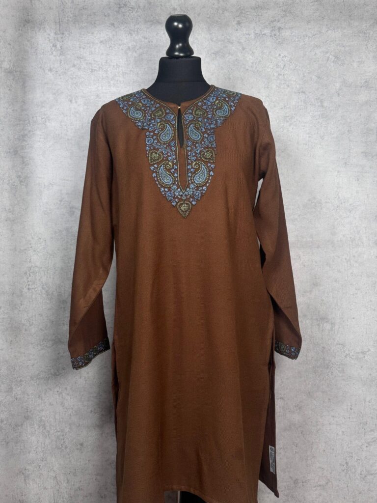 Aabroo Handcrafted Acro Wool Kurti with Kashmiri Paisley Needlework (Chestnut Brown)