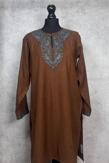 Aabroo Handcrafted Acro Wool Kurti with Kashmiri Paisley Needlework (Chestnut Brown)