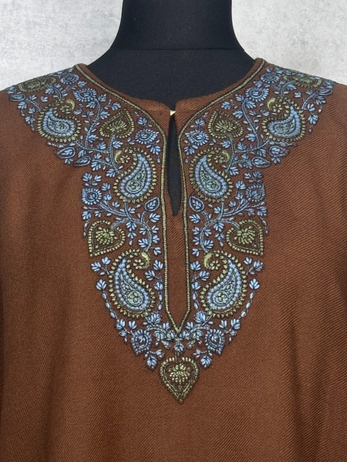Aabroo Handcrafted Acro Wool Kurti with Kashmiri Paisley Needlework (Chestnut Brown)