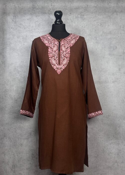 Mahira Handcrafted Acro Wool Kurti with Kashmiri Needlework (Cocoa Brown)