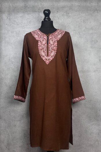 Mahira Handcrafted Acro Wool Kurti with Kashmiri Needlework (Cocoa Brown)