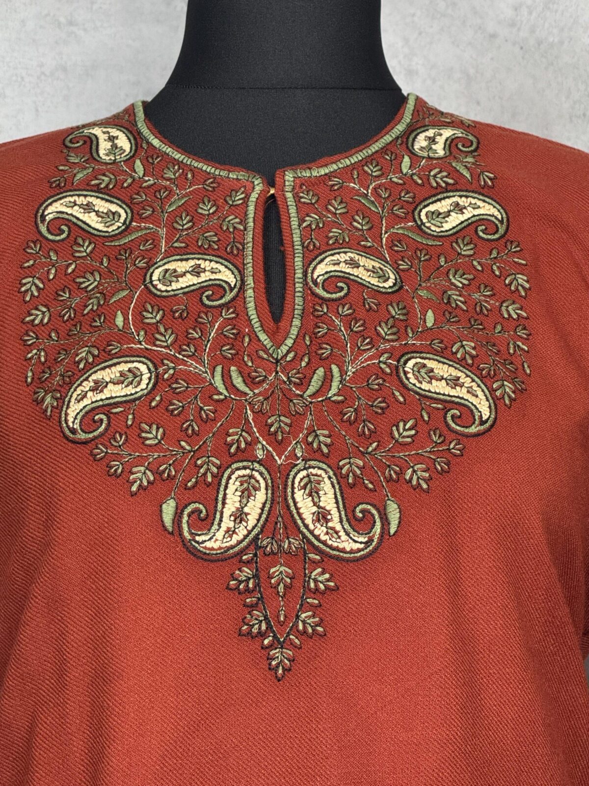 Ruhani Handcrafted Acro Wool Kurti with Kashmiri Paisley Needlework (Rust)