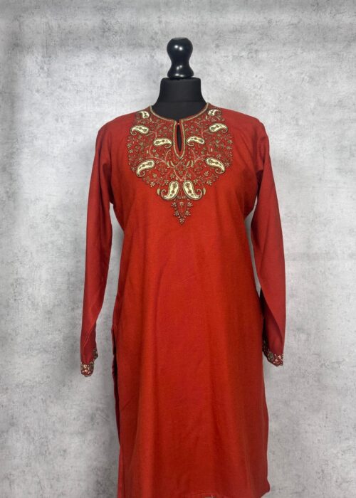 Ruhani Handcrafted Acro Wool Kurti with Kashmiri Paisley Needlework (Rust)