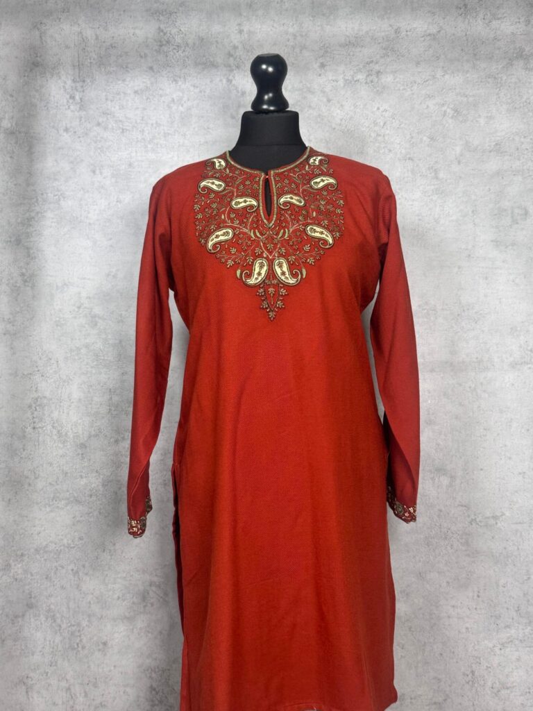 Ruhani Handcrafted Acro Wool Kurti with Kashmiri Paisley Needlework (Rust)