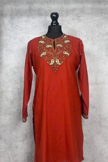 Ruhani Handcrafted Acro Wool Kurti with Kashmiri Paisley Needlework (Rust)