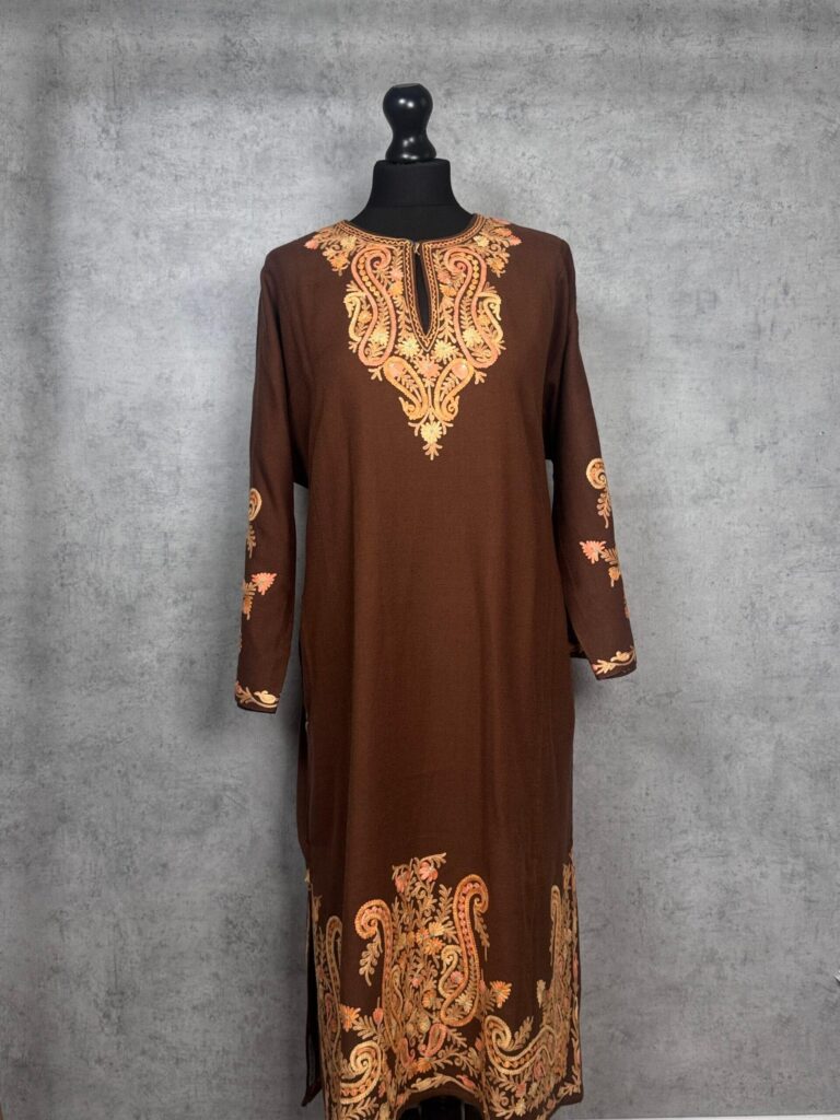 Tabeer Coffee Brown Acro Wool Aari Embroidered Pheran (Heavy Work)