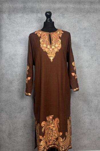 Tabeer Coffee Brown Acro Wool Aari Embroidered Pheran (Heavy Work)