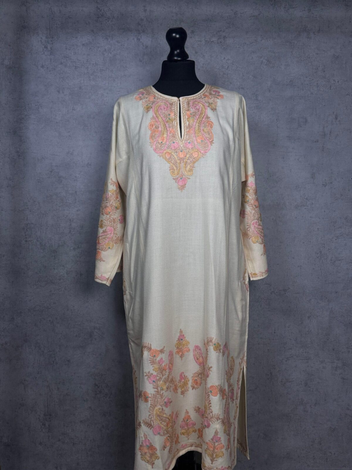 Rozaan Ivory Acro Wool Aari Embroidered Pheran