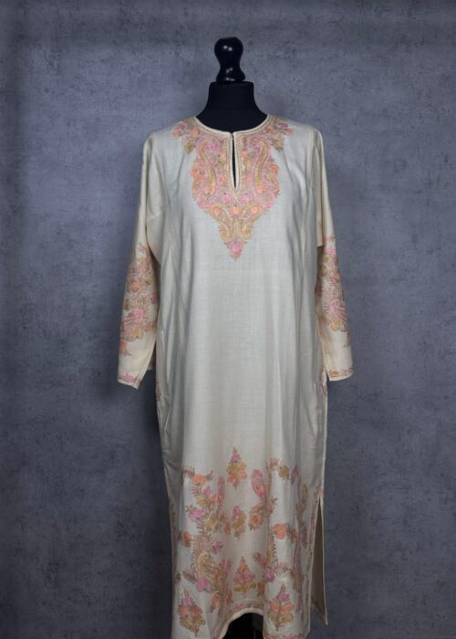 Rozaan Ivory Acro Wool Aari Embroidered Pheran