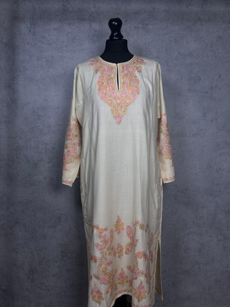 Rozaan Ivory Acro Wool Aari Embroidered Pheran