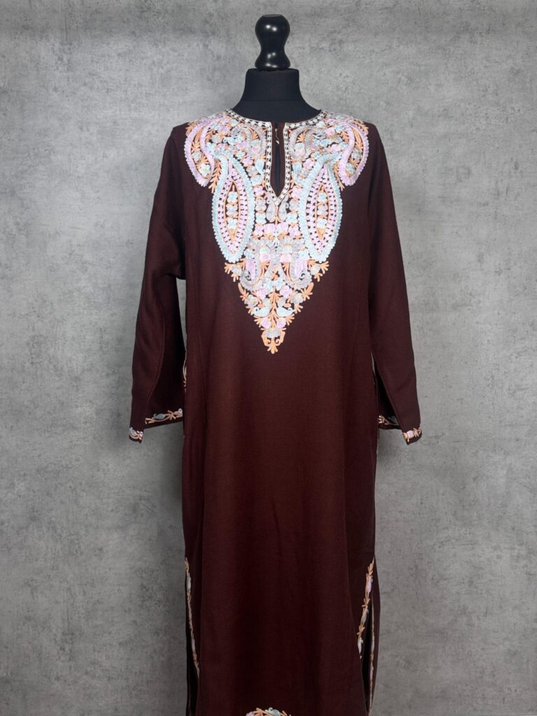 Mehzaar Brown Acro Wool Aari Embroidered Pheran