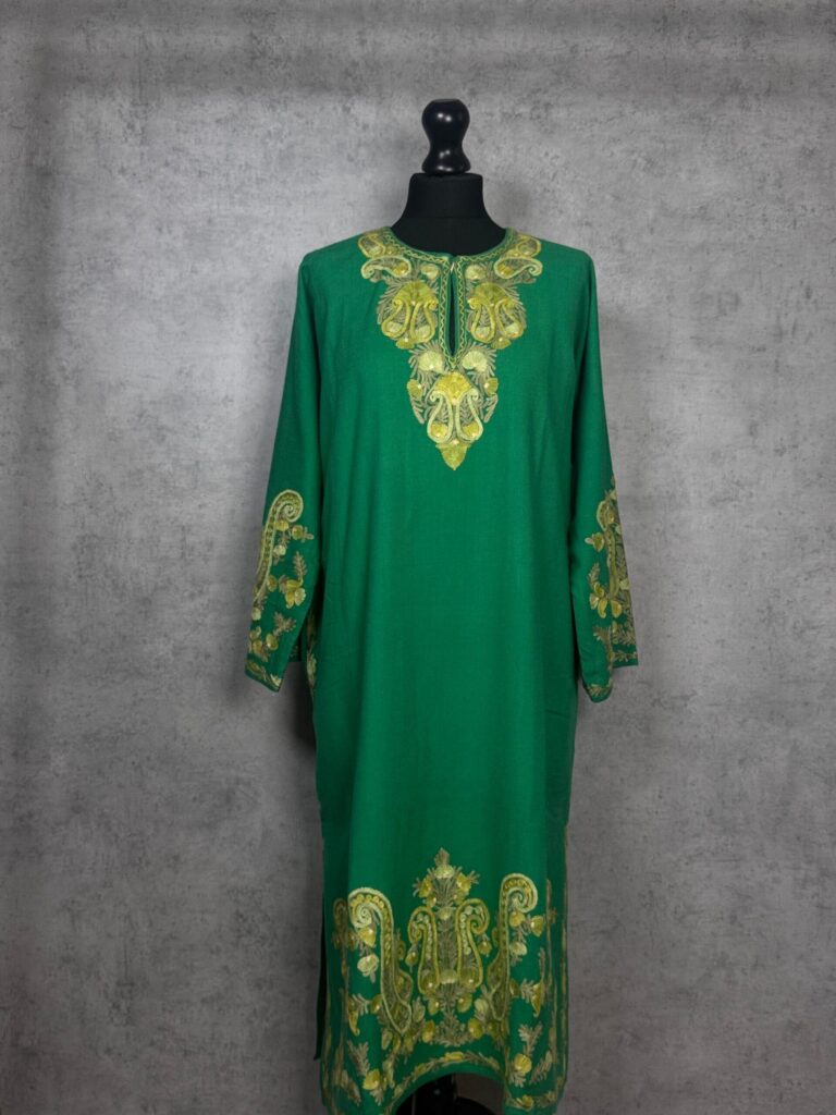 Haerzaan Green Acro Wool Aari Embroidered Pheran