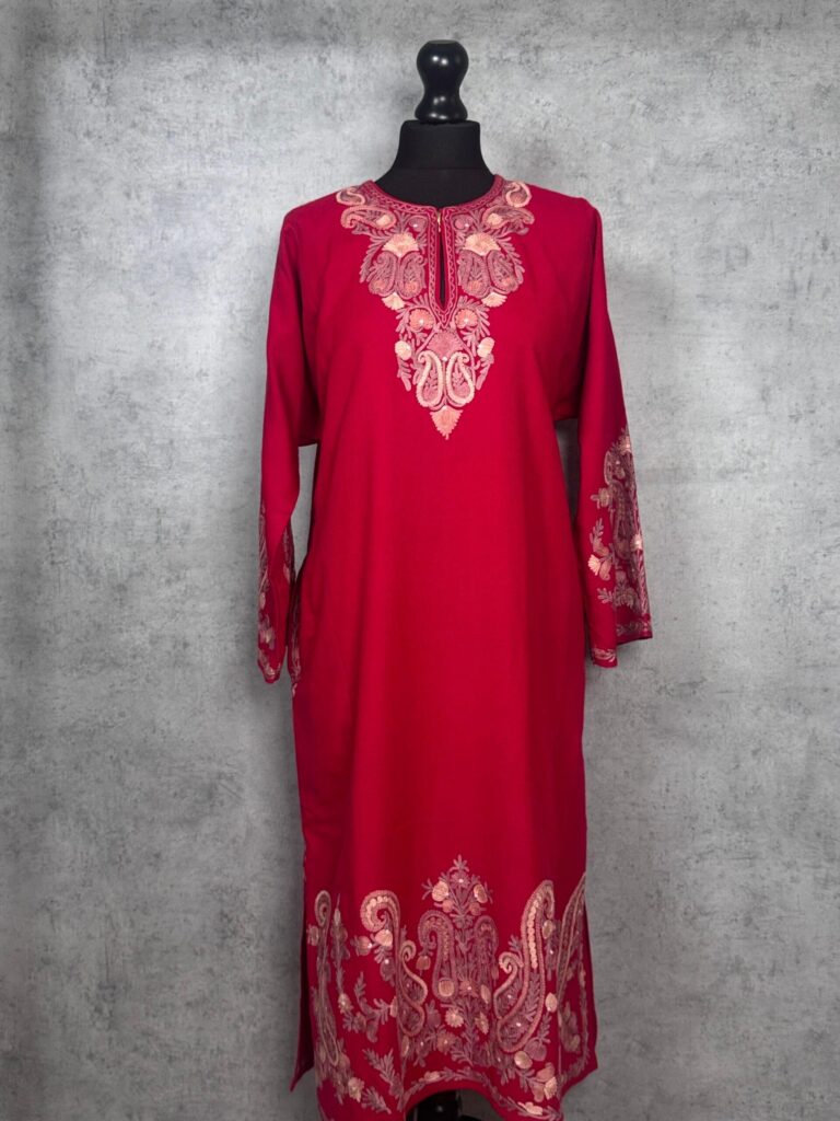 Lalzaar Crimson Acro Wool Aari Embroidered Pheran (Heavy Work)