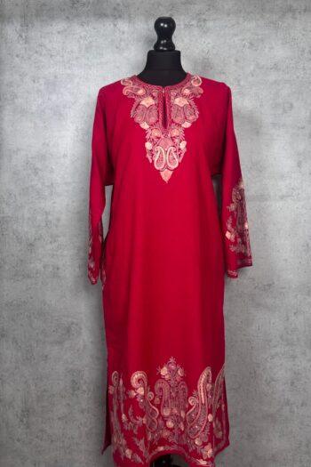 Lalzaar Crimson Acro Wool Aari Embroidered Pheran (Heavy Work)