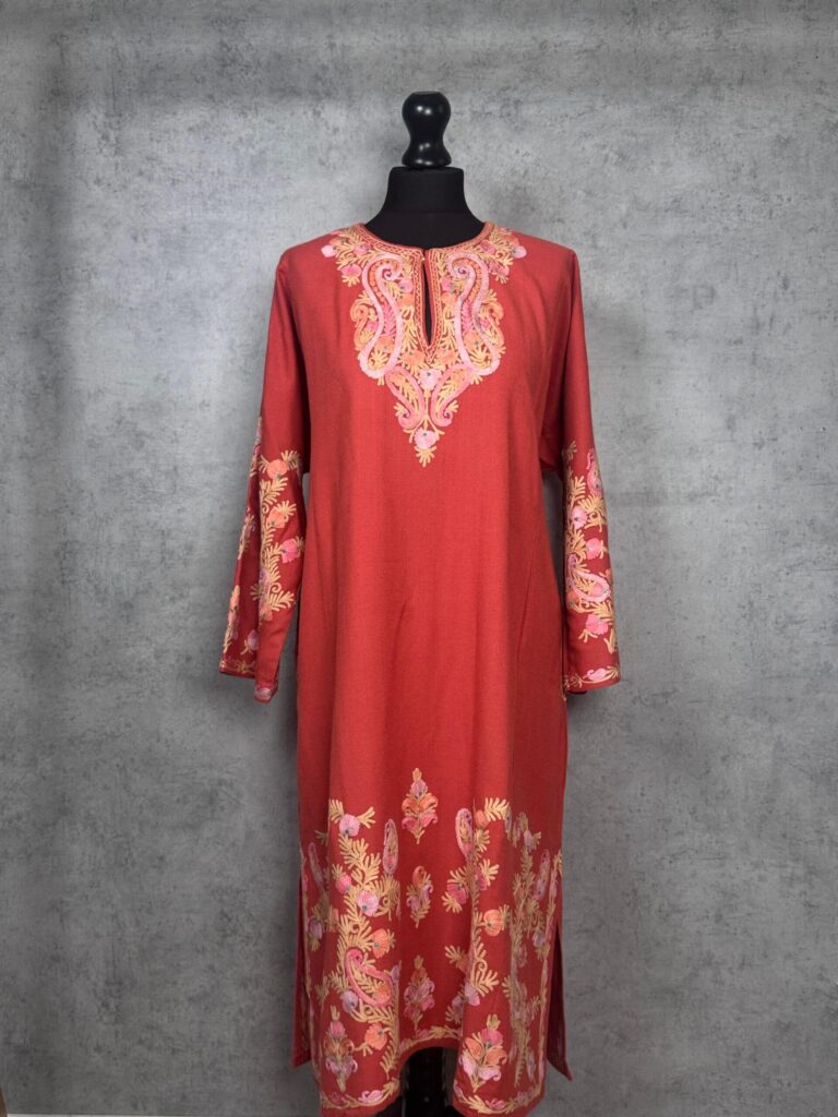 Taabish Terracotta Acro Wool Aari Embroidered Pheran (Heavy Work)