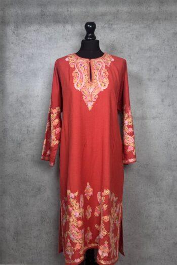 Taabish Terracotta Acro Wool Aari Embroidered Pheran (Heavy Work)