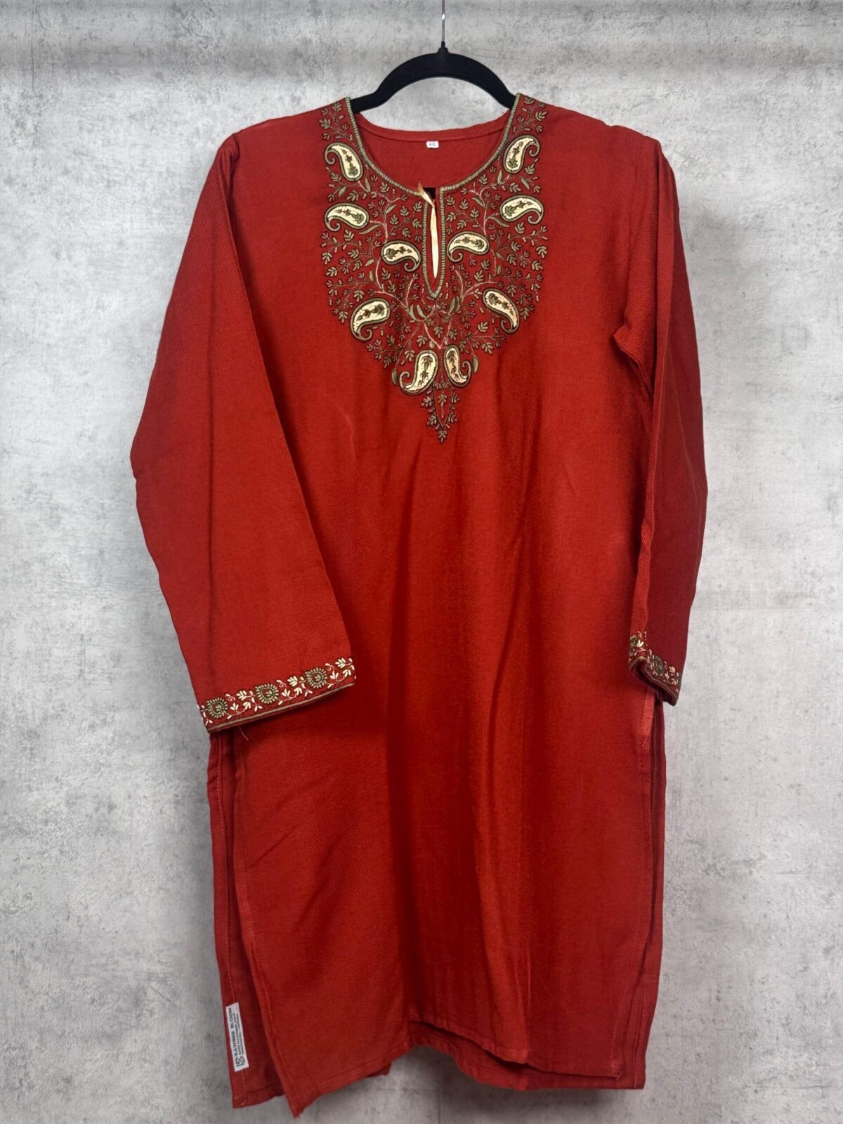 Ruhani Handcrafted Acro Wool Kurti with Kashmiri Paisley Needlework (Rust)
