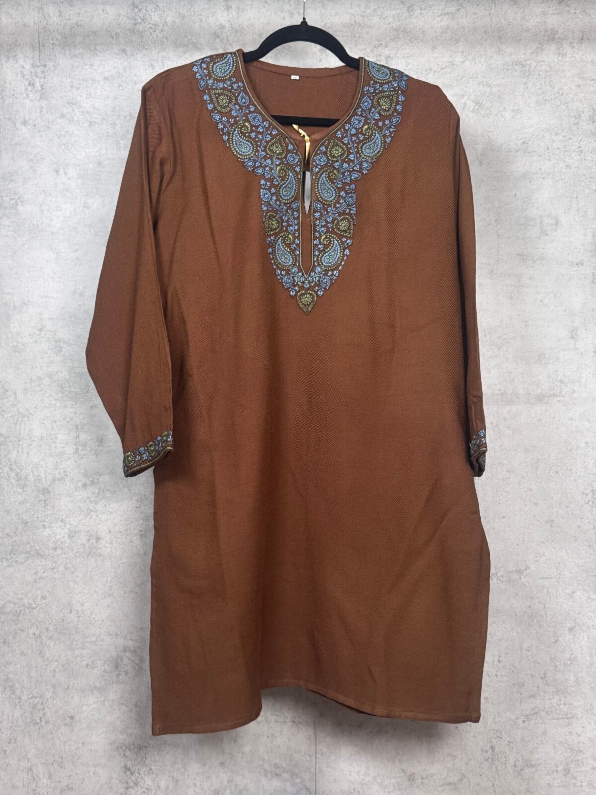 Aabroo Handcrafted Acro Wool Kurti with Kashmiri Paisley Needlework (Chestnut Brown)