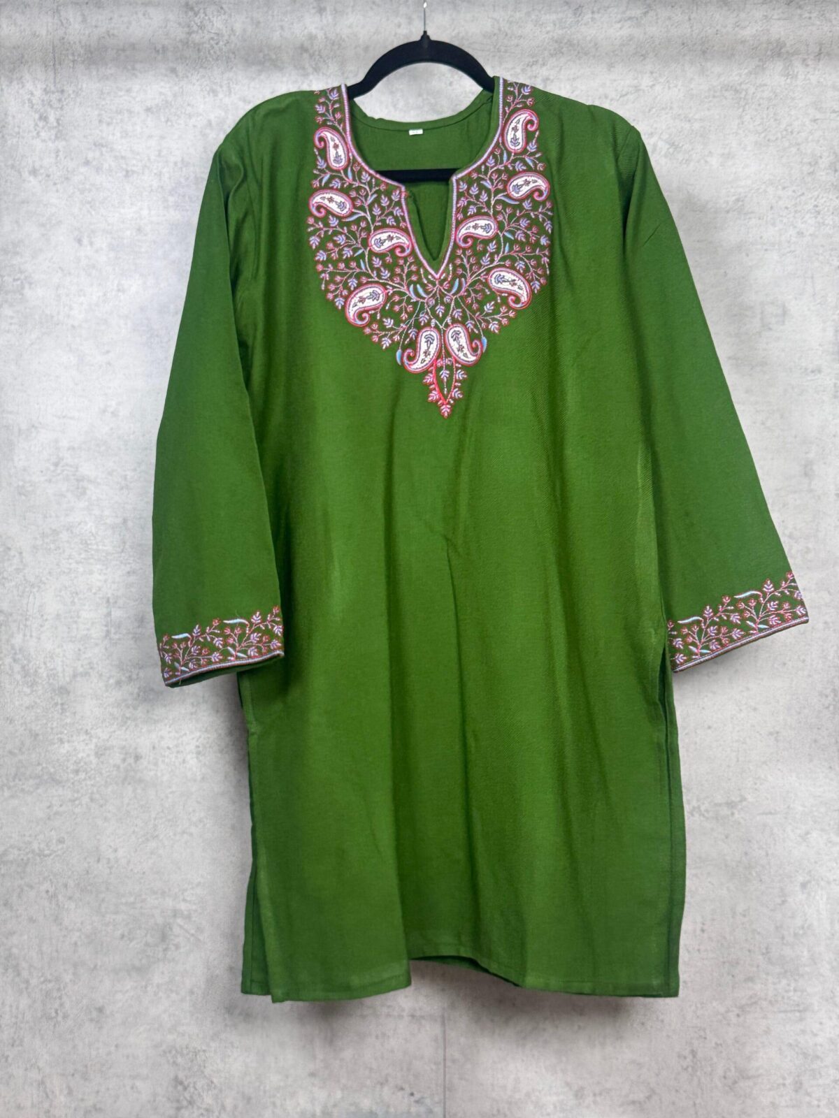 Parizad Handcrafted Acro Wool Kurti with Kashmiri Needlework (Olive Green)