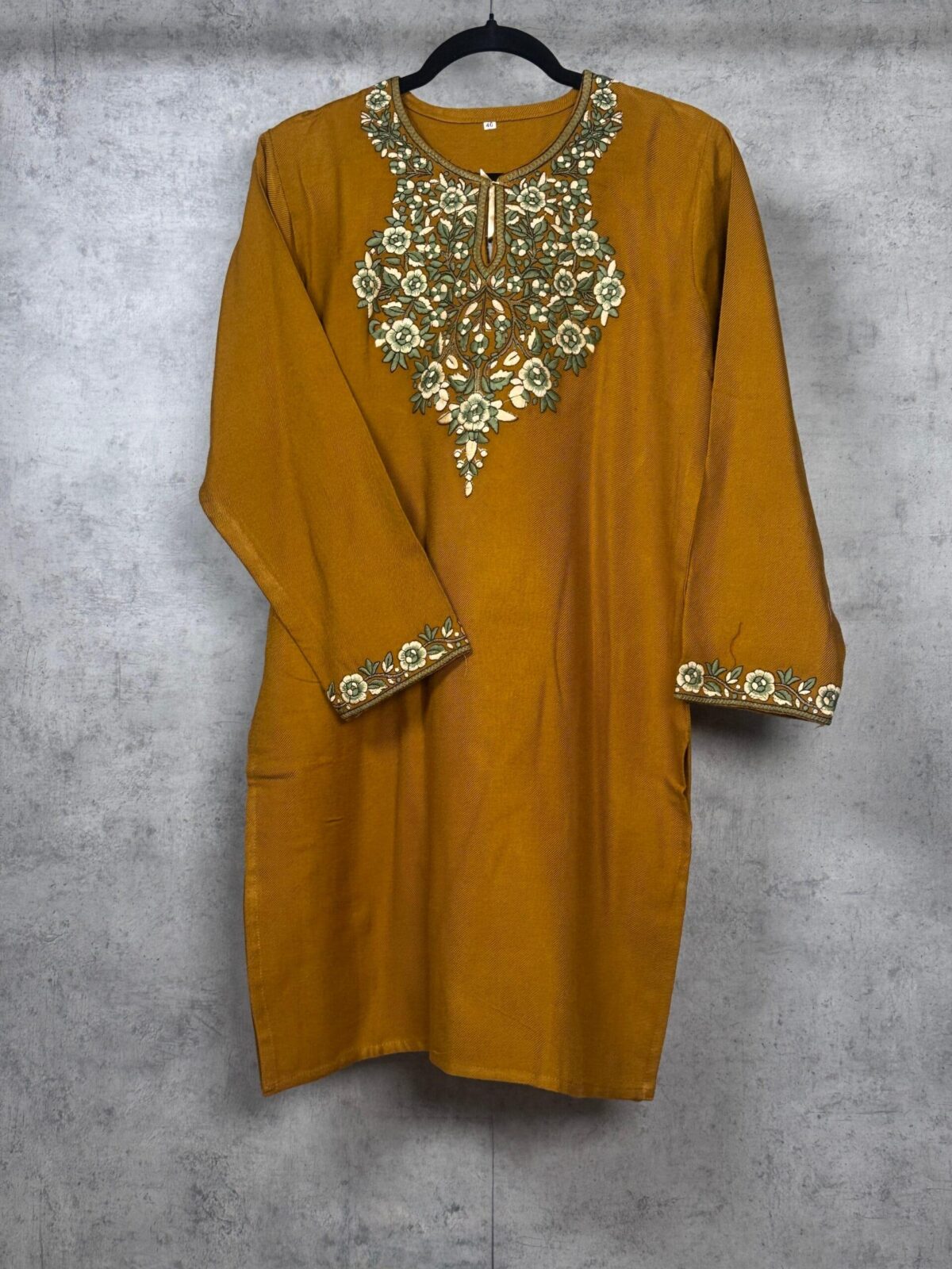 Zareen Handcrafted Acro Wool Kurti with Kashmiri Floral Needlework (Mustard Gold)