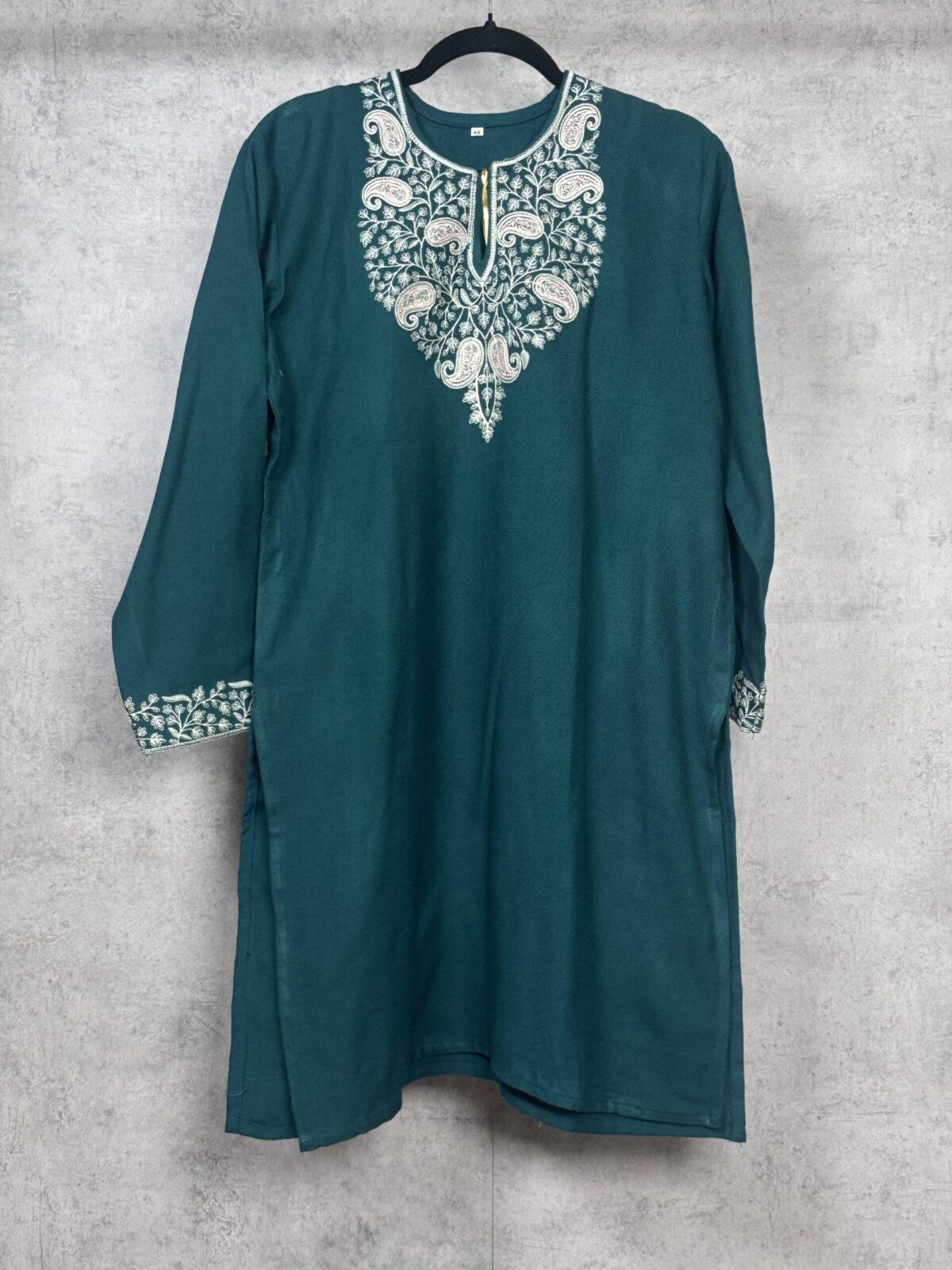 Aarzoo Handcrafted Acro Wool Kurti with Kashmiri Needlework (Emerald Green)