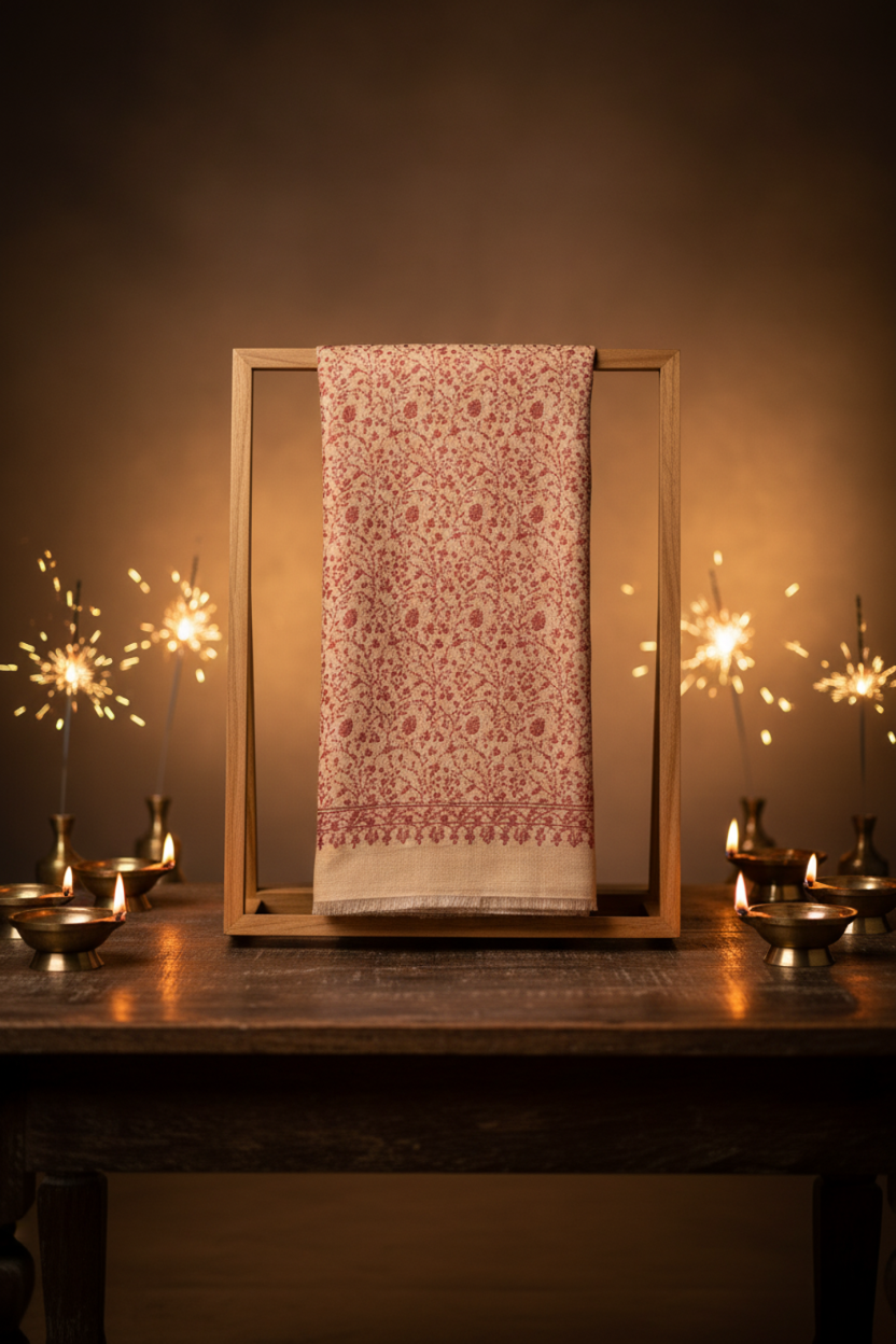 botanic-trace-shawl-from-the-luxury-diwali-gift-collection-displayed-on-a-wooden-stand- surrounded-by-lit-diwali-diyas-creating-a-warm-and-festive-ambiance