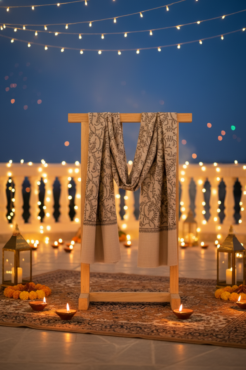 florantique-scarf-from-the-luxury-diwali-gift-collection-displayed-on-a-wooden-stand- surrounded-by-lit-diwali-diyas-creating-a-warm-and-festive-ambiance